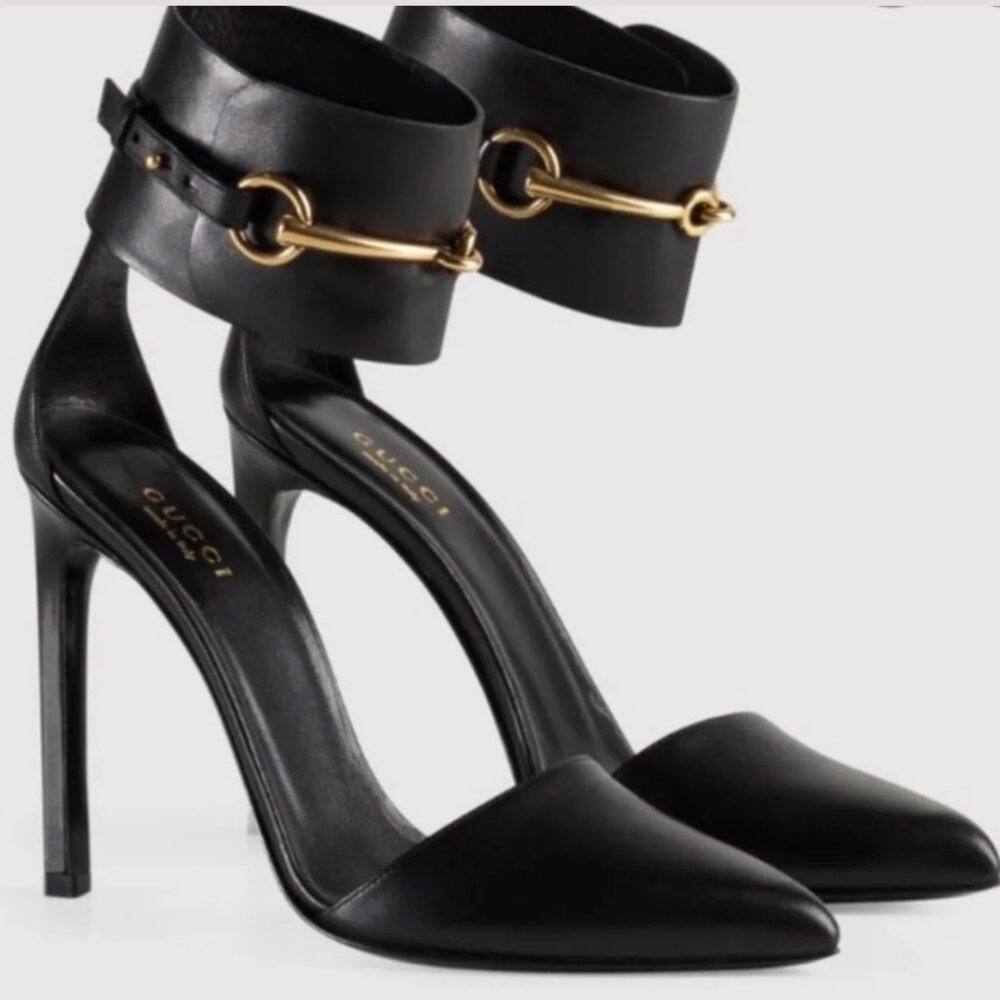 Gucci Leather D'Orsay Pump Horsebit Black Leather Ankle Cuff Strap Heels Size 38